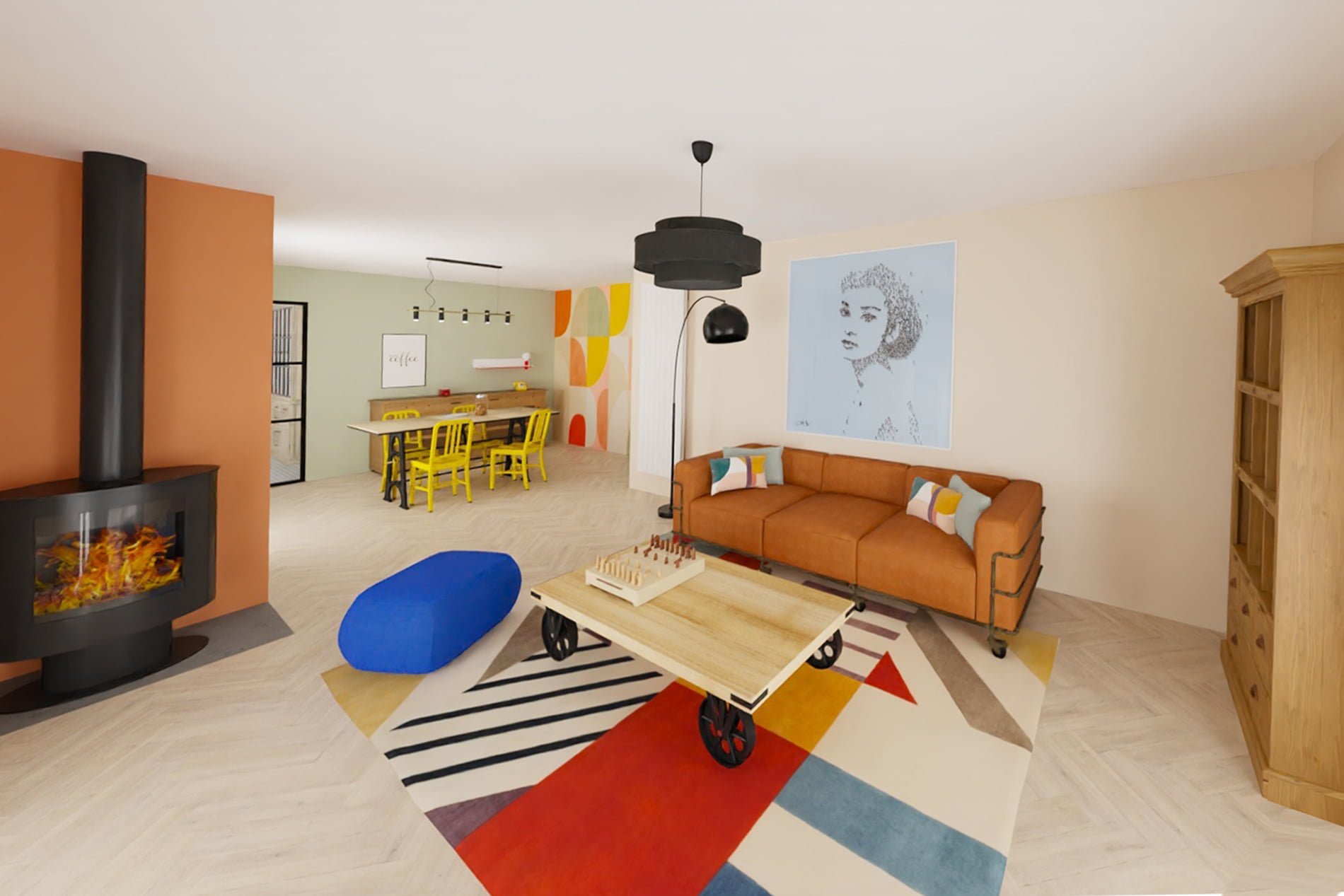 Photo et rendu d'un pièce de vie au style retro pop réalisé par Amandine Riss Architecte feng-shui à Vannes
