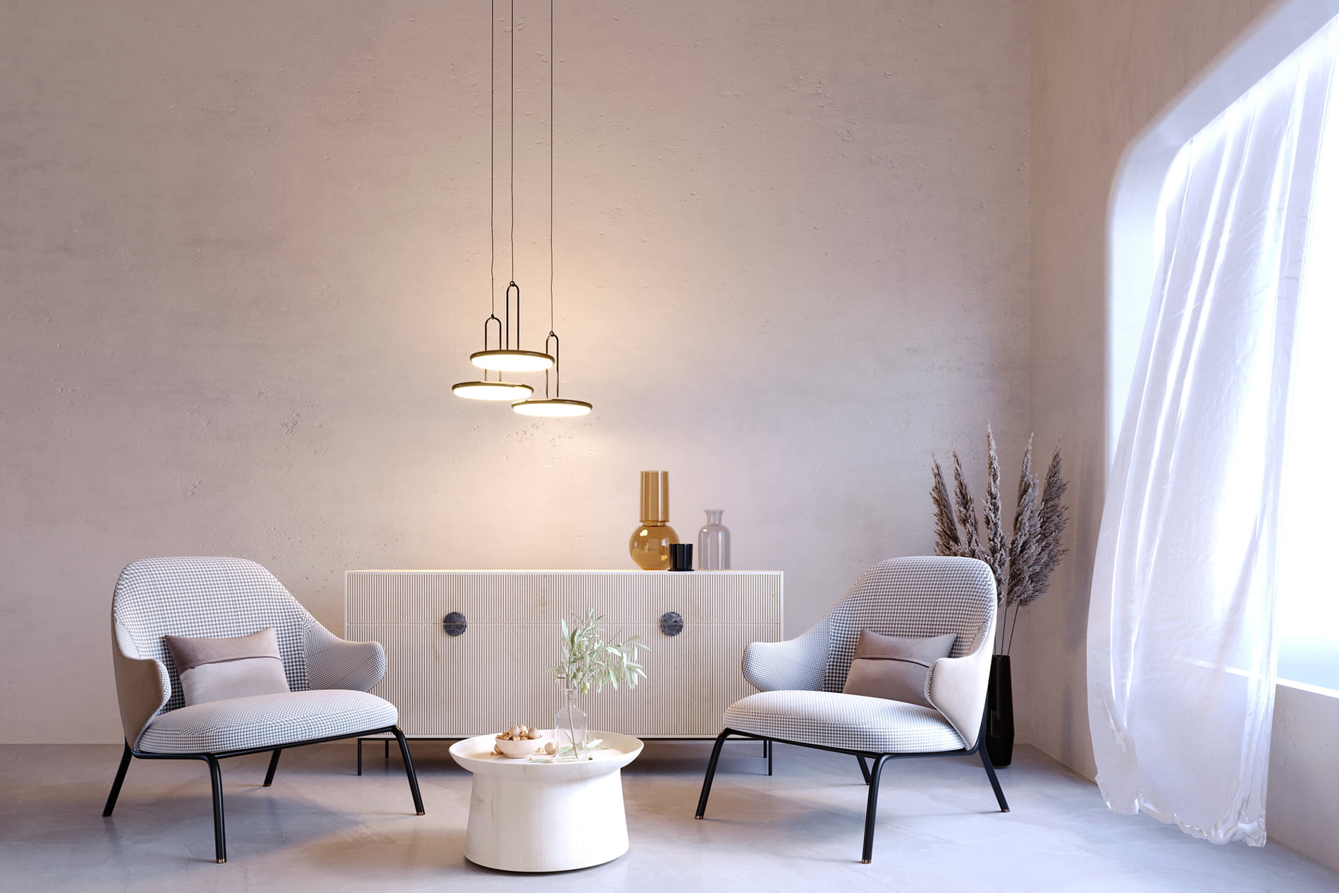 Photographie d'une pièce meublée avec du mobilier arrondi pour une ambiance douce